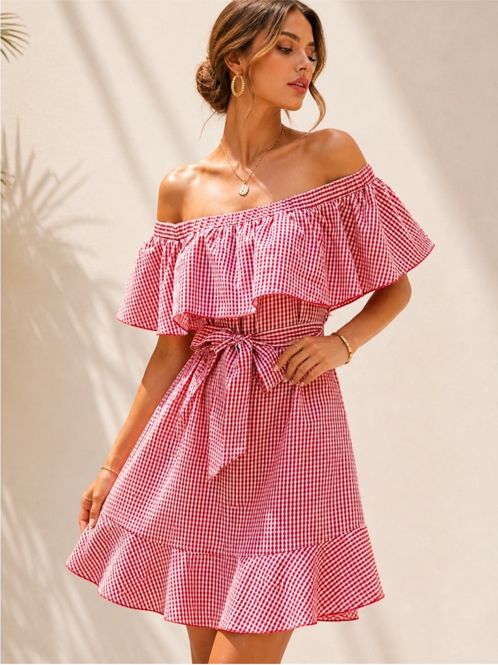 SHEIN Red Gingham One-Shoulder Ruffle Dress